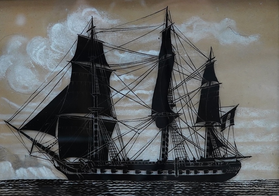A reverse glass painted silhouette of a sailing ship, unsigned, 15 x 22cm, maple framed. Condition - fair